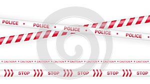 Red police tape, crime danger line. Caution police lines isolated. Warning tapes. Set of red warning ribbons. Vector illustration