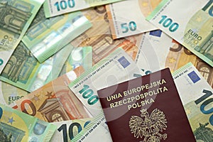 Red polish passport and big amount of european euro money bills