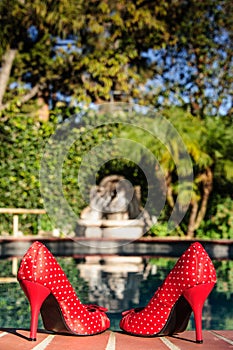 Red Polka Dot High Heels At Pool`s Edge photo