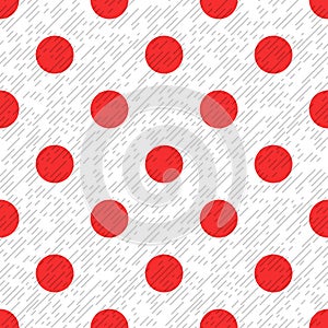 Red polka dot on a white and gray textured diagonal lines fabric seamless pattern, vector
