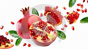 red pomegranate with half slices pomegranates and seeds falling or flying in the air with green leaves isolated