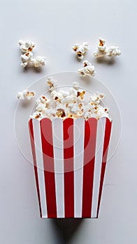 A red popcorn box with scattered kernels on a white background, movement and snack-time fun