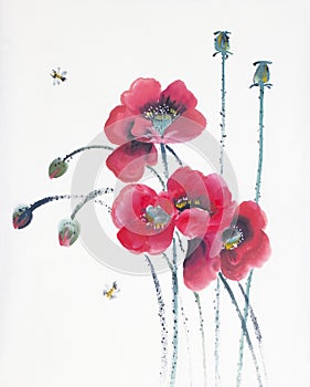 Red poppies and bees