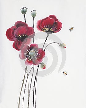 Red poppies and bees