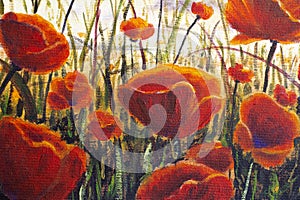 Red poppies big flowers close up Flower painting on canvas. Acrylic painting