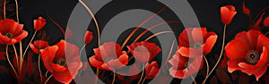 Red poppies on black background. Creative Poppy flowers banner background. Remembrance Day. AI generative