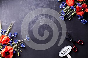 Red poppies with blue cornflowers and rye on old blackboard with