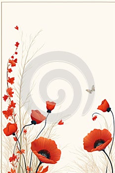 red poppies and butterflies on a white background