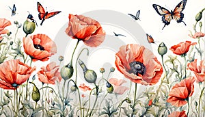 Red poppies with butterflies on white background. Watercolor illustration
