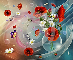 Red poppies and daisies on an abstract background