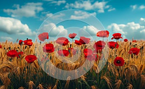 Red poppies in the field of wheat. A red poppies in the middle of a field with golden wheat