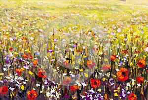 Red poppies flower field oil painting, yellow, purple and white flowers artwork