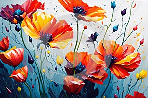 Red poppies flowers background, oil painting style illustration