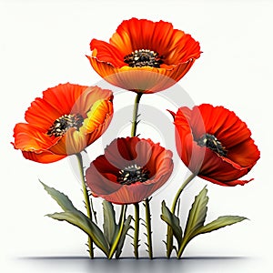 Red poppies isolated on white background. 3d illustration. generative AI
