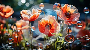 Red poppies with large soap bubbles, illuminated by the rays of the sun, grow on the lawn