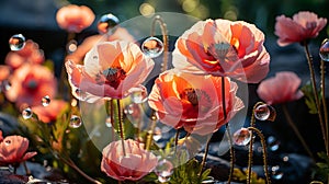 Red poppies with large soap bubbles, illuminated by the rays of the sun, grow on the lawn