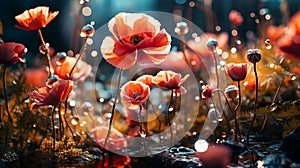 Red poppies with large soap bubbles, illuminated by the rays of the sun, grow on the lawn