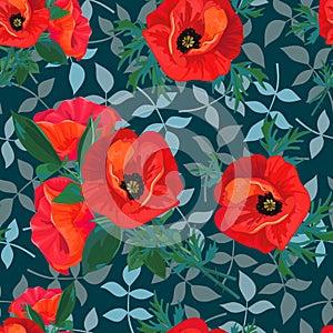 Red poppies,leaves on a dark background.Floral seamless pattern with big bright flowers.Summer vector