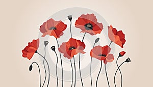 Red poppies on neutral beige background. Vector illustration suitable for Remembrance Day or Victory Day projects.