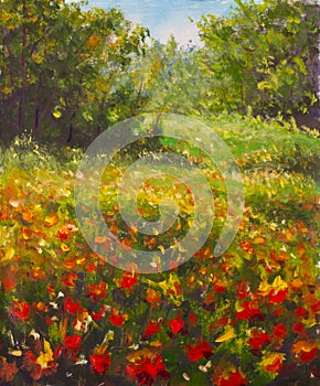 Red poppies painting. Field of red beautiful flowers in warm summer forest wood. Oil painting palette knife impasto modern impress photo