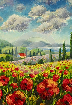 Red poppies painting. Italian Lavender summer countryside. French Tuscany. Field of yellow rye. Rural houses and high cypress tree