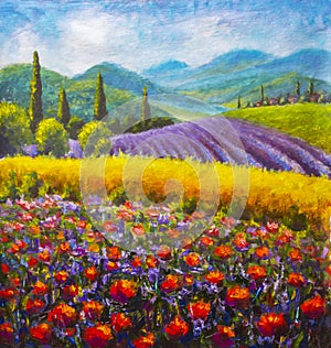 Red poppies painting. Italian summer countryside. French Tuscany. Field of yellow rye. Rural houses and high cypress trees on hill
