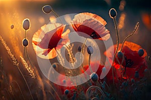 Red poppies in rays sun. Poppy field. Generative AI