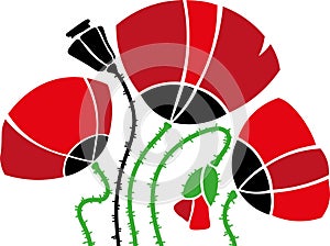Red poppies in a row. Isolated on white background. Vector illustration