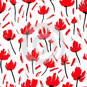 Red poppies seamless pattern. Simple floral background for textiles, wallpapers, packaging. Handmade, grunge texture.