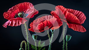 Red poppies, symbolic flowers for remembrance day, displayed on a dark background