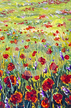 Red poppies tulips rose Flowers in green grass palette knife painting