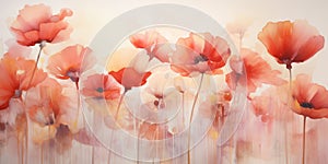 Red poppies watercolor painting. Delicate illustration of red poppies.