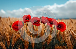 Red poppies in wheat field. A red poppies in the middle of a field with golden wheat