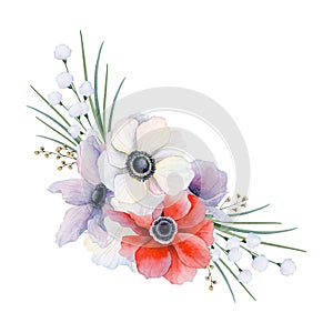 Red poppies and white and pastel purple field anemones flowers corner composition with grass watercolor illustration