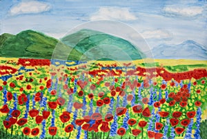 Red poppies with yellow and blue flowers