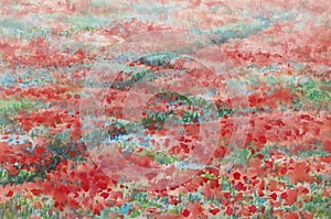 Red poppy field abstract watercolor background. Summer landscape