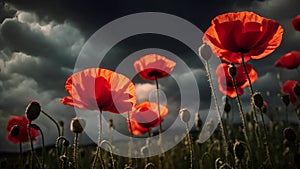 Red Poppy field storm clouds float by heavy rainy dark sky loop video horizontal looped motion backdrop