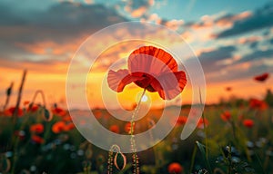 Red poppy in the field at sunset