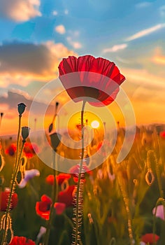 Red poppy field in the sunset. A red poppy flower in the foreground