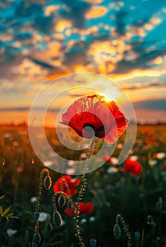 Red poppy flower close up in the field at sunset