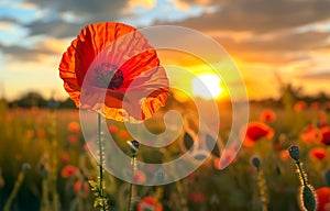 Red poppy flower in the field at sunset. A red poppy flower in the foreground