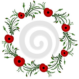 Red poppy flower . Floral frame. Poppy wreath. Second world war , First world war. Remembrance day. Veterans