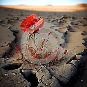Red poppy flower grows among dried up desert as symbol of the rebirth of life,