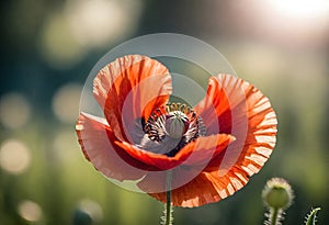 a red poppy flower with the sun shining on bokeh field background