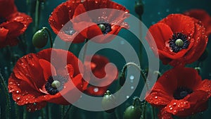 red poppy flower a web banner with red poppy flowers and water drops on a blurred green and blue background