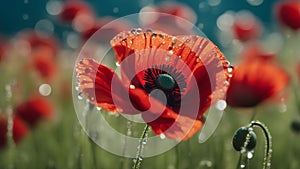 red poppy flower _a web banner with red poppy flowers and water drops on a blurred green and blue background