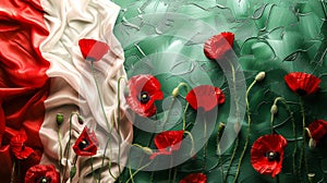 Red poppy flowers on background with Italy flag. Liberation day holiday. Festa della liberazione