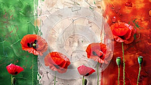 Red poppy flowers on background with Italy flag. Liberation day holiday. Festa della liberazione