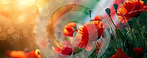 Red poppy flowers on background with Italy flag. Liberation day holiday. Festa della liberazione