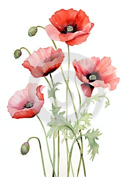 Red poppy flowers. Beautiful composition for greeting cards, invitations and floral design. Watercolor illustration